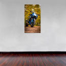 Cuadro Decorativo Moto azul con fondo de árboles amarillos